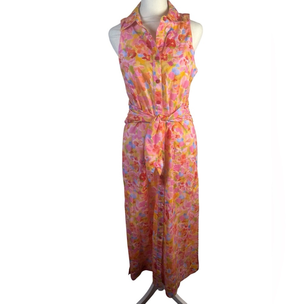 Finley Ellis Tie Front Abstract Floral Sleeveless Midi Shirt Dress Size Xs